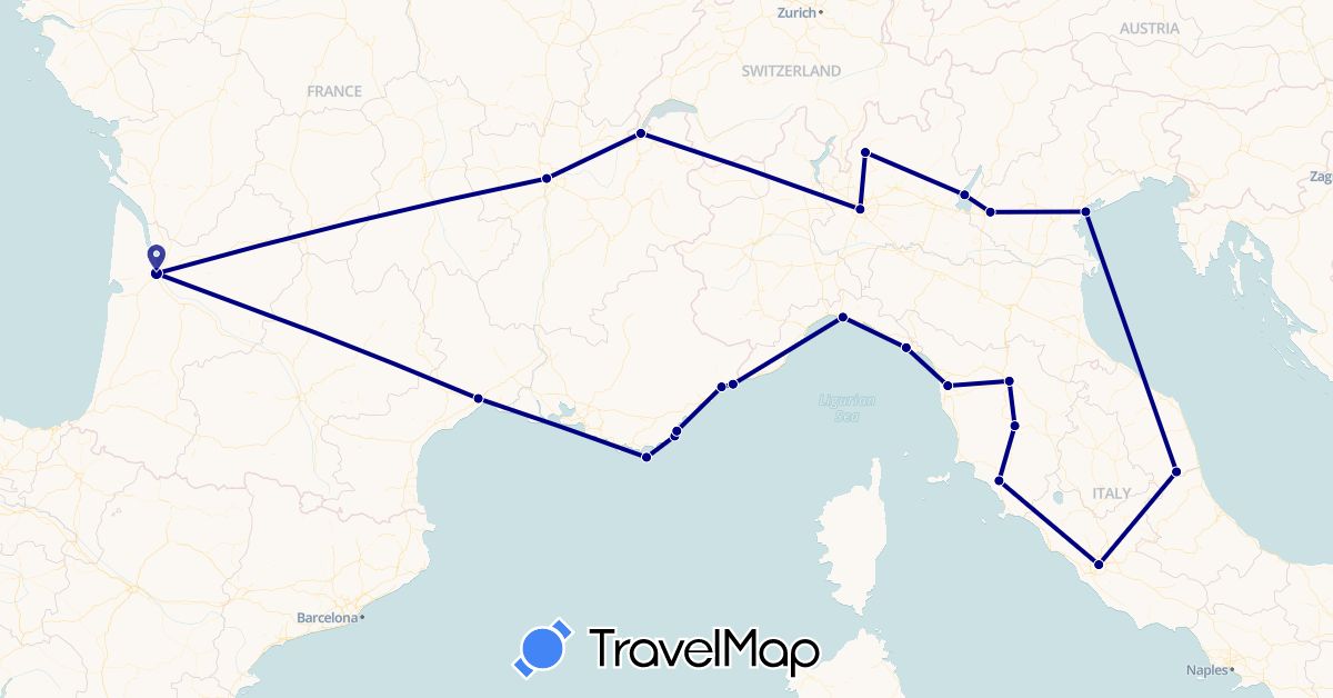 TravelMap itinerary: driving in Switzerland, France, Italy, Monaco (Europe)